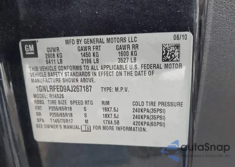 2010 Chevrolet Traverse Lt из США, поврежденный, VIN 1GNLRFED9AJ267187